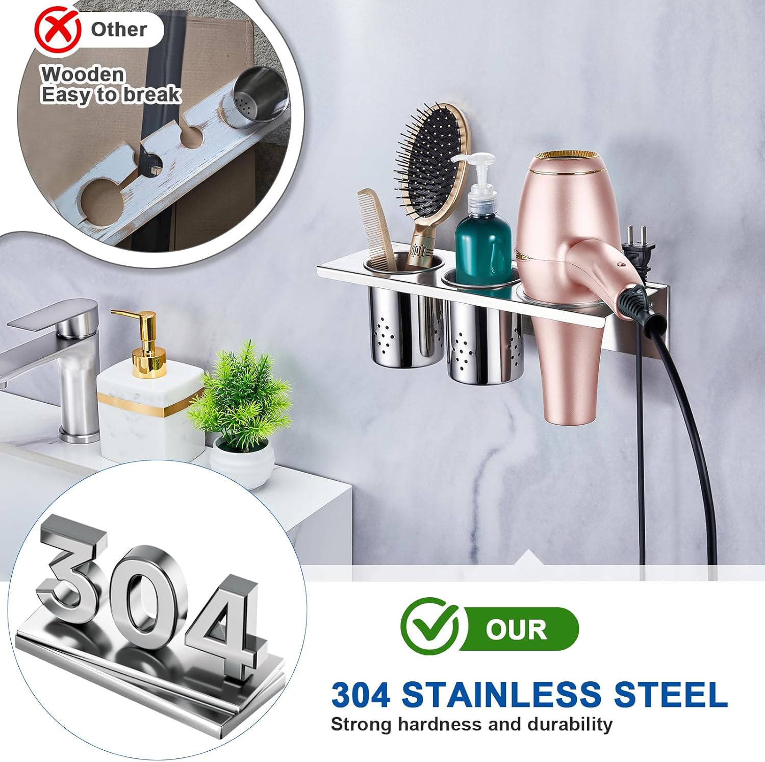 Hair Tool Organizer Wall Mount, Hair Dryer Holder with 2 Cups, Stainless Steel Blow Dryer Holder Curling Iron Holder Wall Mount, Bathroom Vanity Hair Styling Tools Organizer for Brush, Flat Iron - Image 6