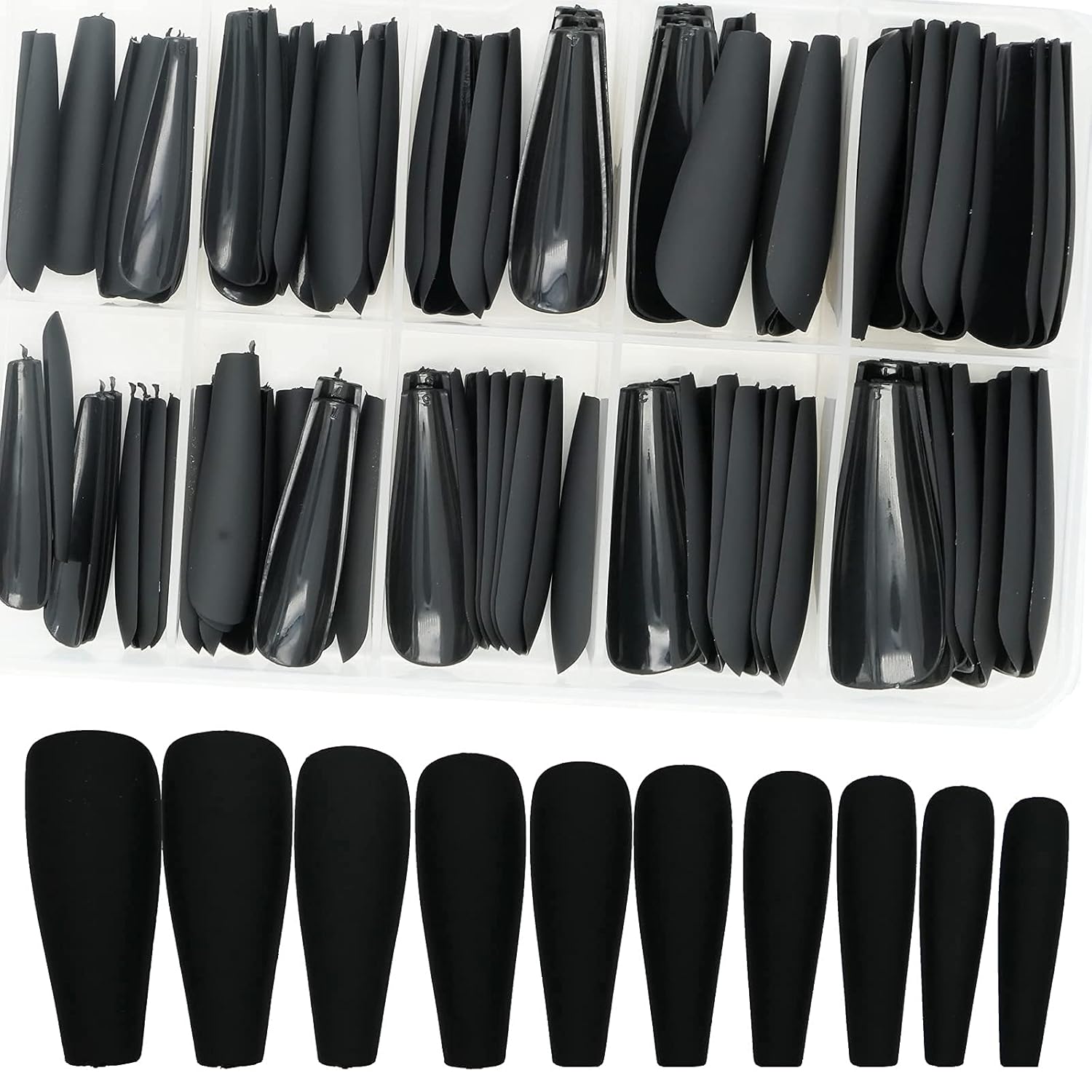 AddFavor 100pcs Coffin Fake Nails Full Cover Long Press on Nails Pure Color Matte Acrylic False Nail Tips for Women and Girls (Black) - Image 5