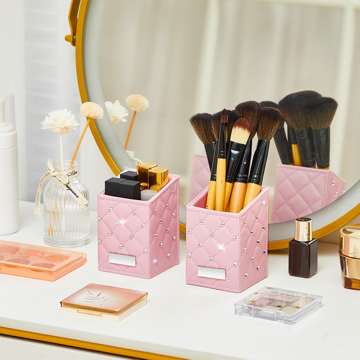 ReliThick 2 Pcs Pink Waterproof Makeup Brush Holder with Crystal Bling Travel Vanity Organizer - Image 6