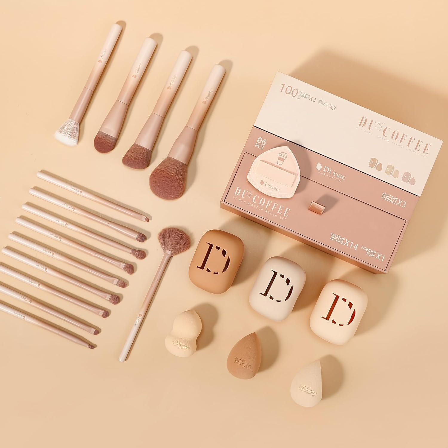 DUcare Makeup Brushes 14Pcs Coffee Series Makeup Brush set with Makeup Sponges Valentines Day Christmas Gifts Foundation Blending Face Powder Blush Eye Shadows Brushes - Image 8
