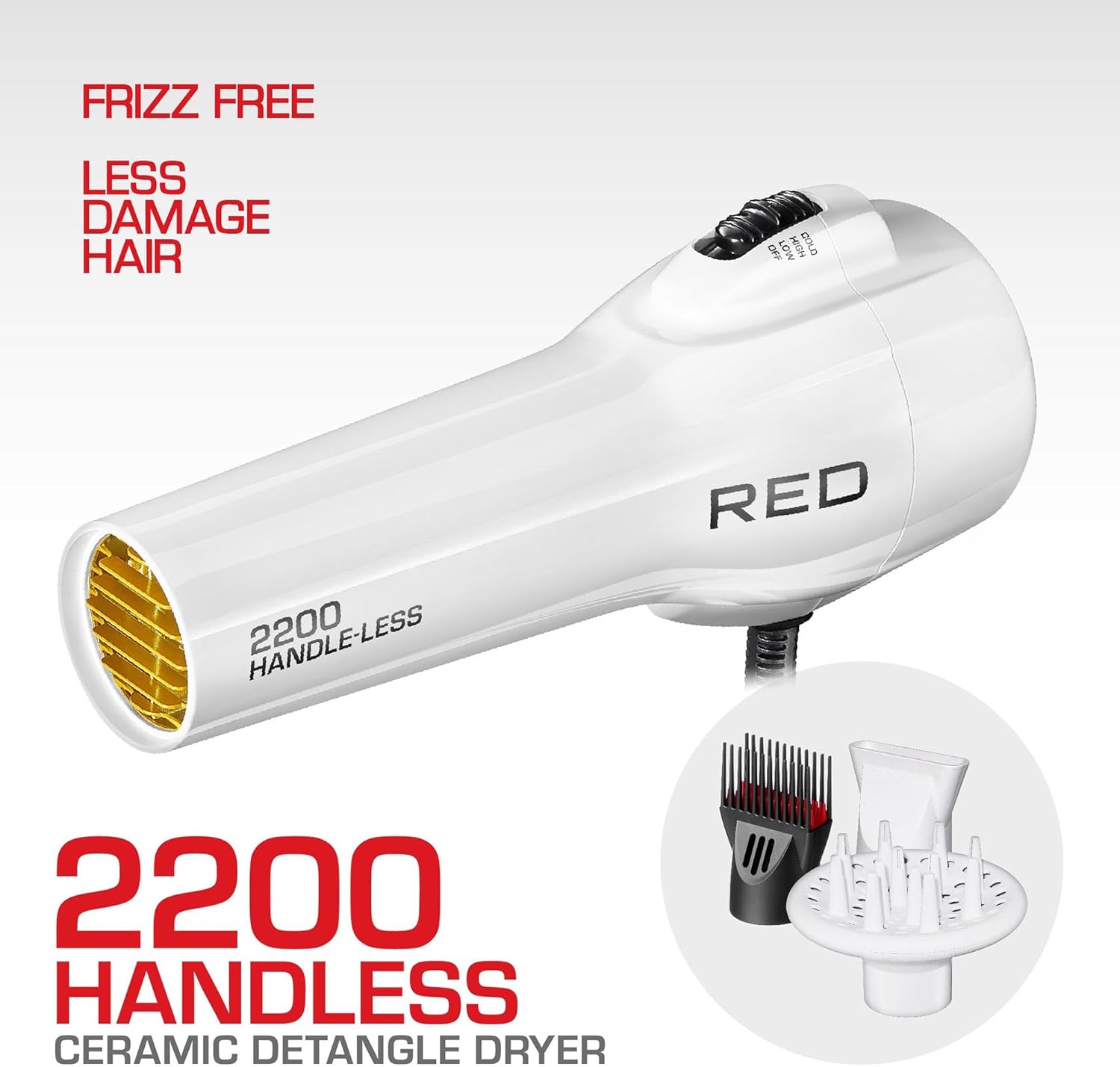 Red by KISS HandleLess Blow Dryer 2200W Ceramic Tourmaline White Color, 3 Heat Settings, Pik and Diffuser Included Comfortable Grip, Ionic for Frizz-Free Shine, Detangler & Straightening - Image 2
