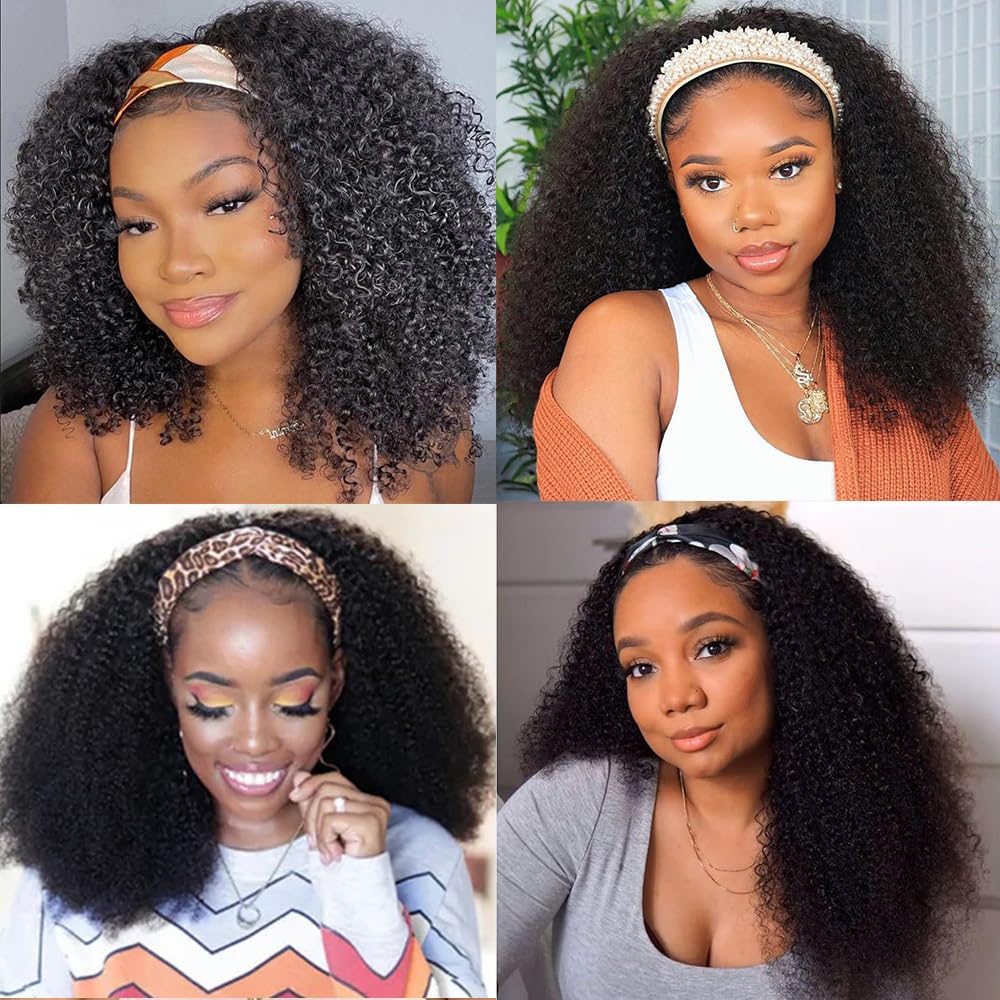 XSY Headband Wig Human Hair 20 Inch Kinky Curly Headband Wigs for Black Women Glueless No Lace Front Wig Brazilian Virgin Human Hair 150% Density Natural Black Color - Image 3