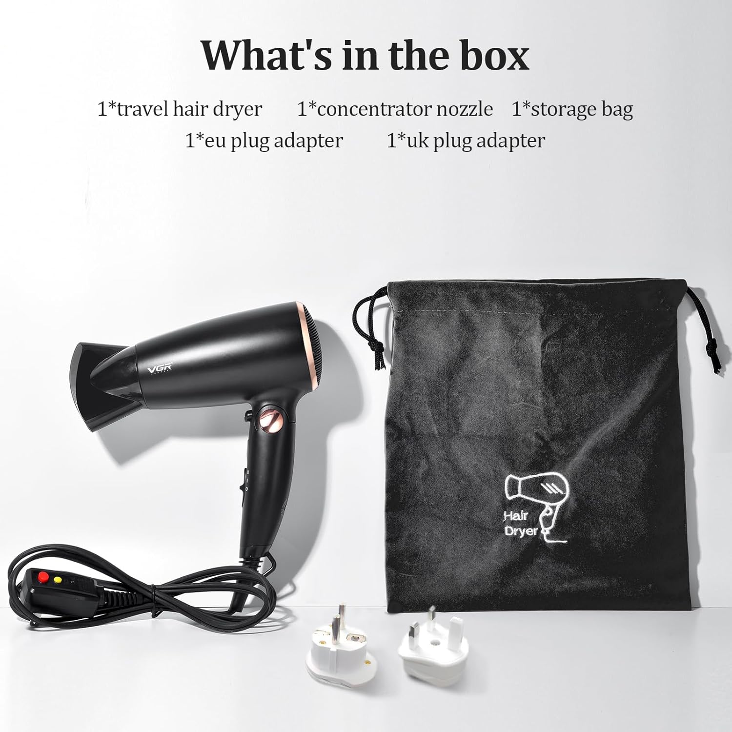 VGR Dual Voltage(100~250V) Travel Hair Dryer with European Plug Adapter for International Travel, Portable Hair Dryer with Concentrator Nozzles - Image 7
