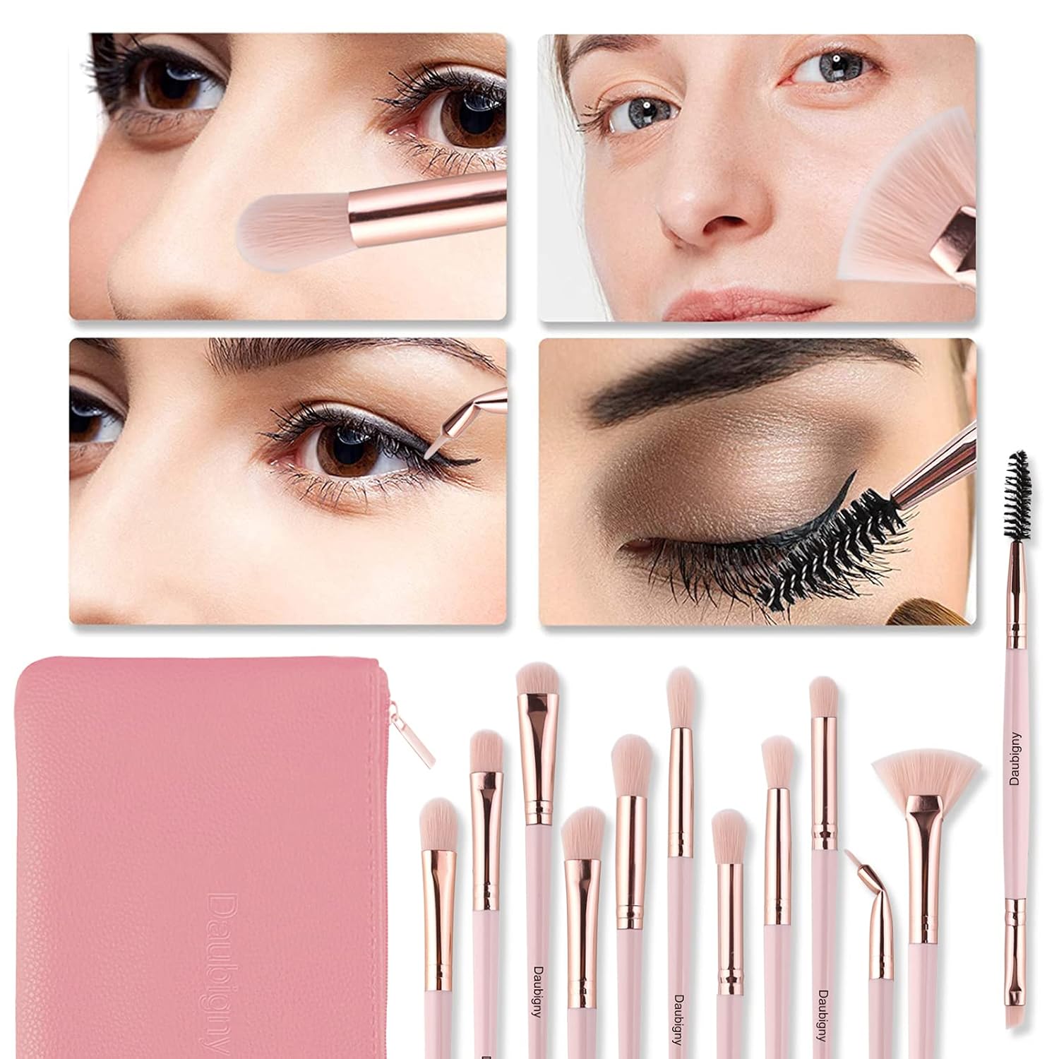 Daubigny Eye Makeup Brushes,12 PCS Professional Eye shadow, Concealer, Eyebrow, Foundation, Powder Liquid Cream Blending Brushes Set With Carrying Bag(Pink) - Image 2