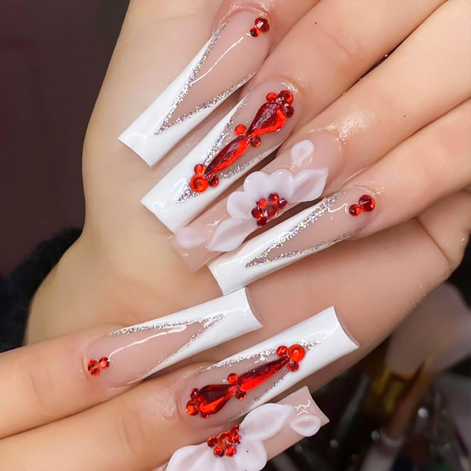 Long Coffin Press on Nails White French Tip Fake Nails Sparkly False Nails with Red Rhinestones Designs Long Coffin Nail Press ons Acrylic Artificial Nails Cute Stick on Nails for Women 24Pcs