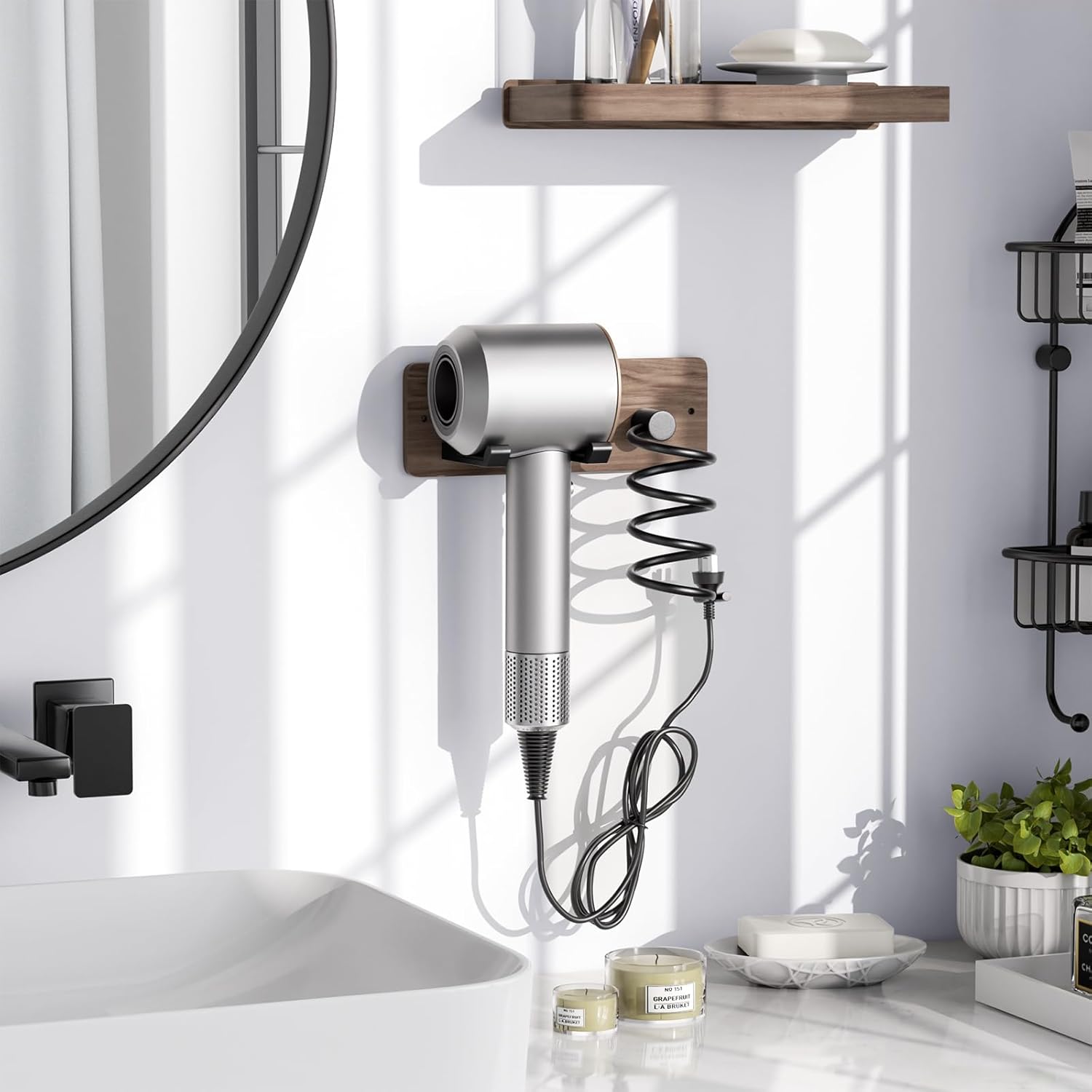 Tindbea Hair Dryer Holder Curling Iron Holder, Blow Dryer Holder Wall Mount, Bathroom Hair Tool Organizer Rack for Universal Dryer, Walnut Matte Black - Image 2