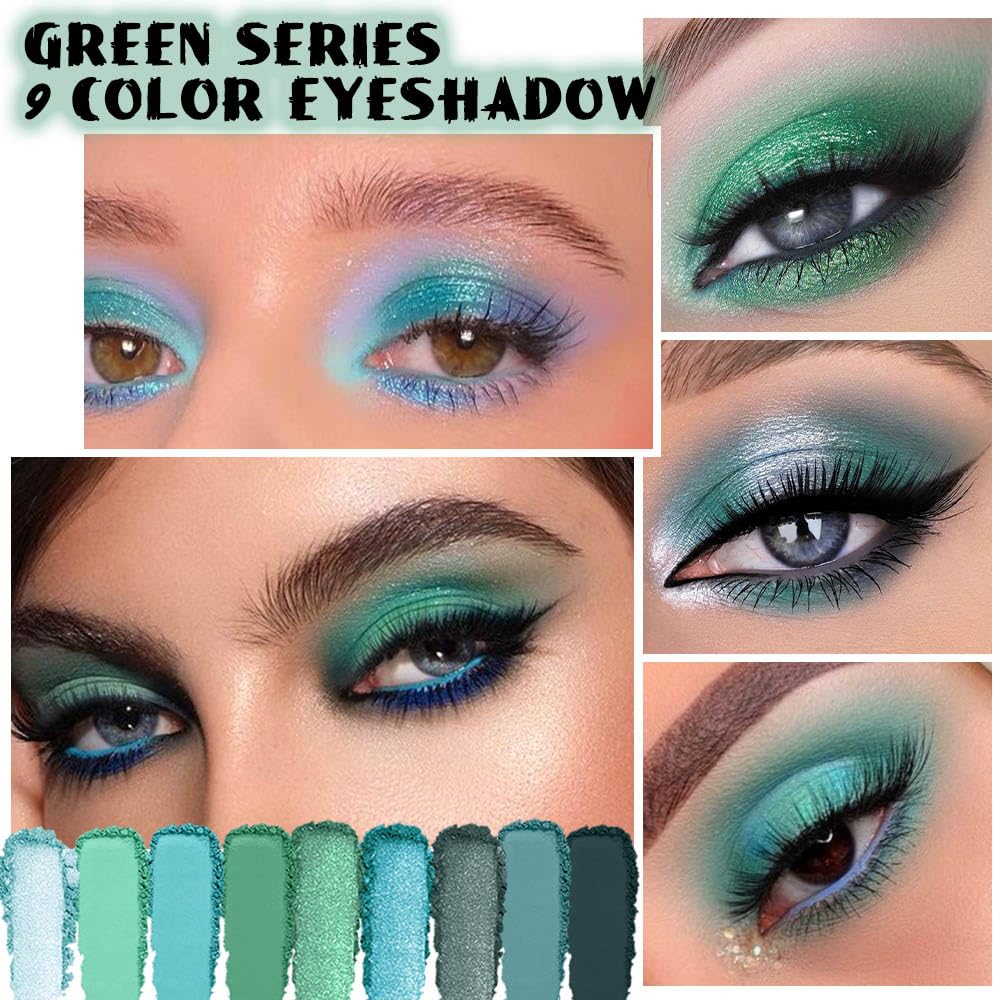 9Colors Green Avocado Color Colorful Bright Eyeshadow Palette Makeup,Highly Pigmented Matte Sparkle Eye Shadow Palette Long Lasting Waterproof Blendable,Emerald Bright Eyeshadow Palette - Image 2