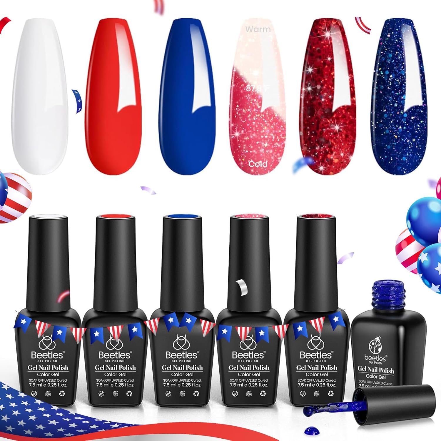 Beetles 4th of July Gel Nail Polish - Red White and Navy Blue Colors Gel Polish Royal Blue Glitter Color Changing, Soak Off Nail Uv Lamp Cured Fourth of July Nails - Image 8