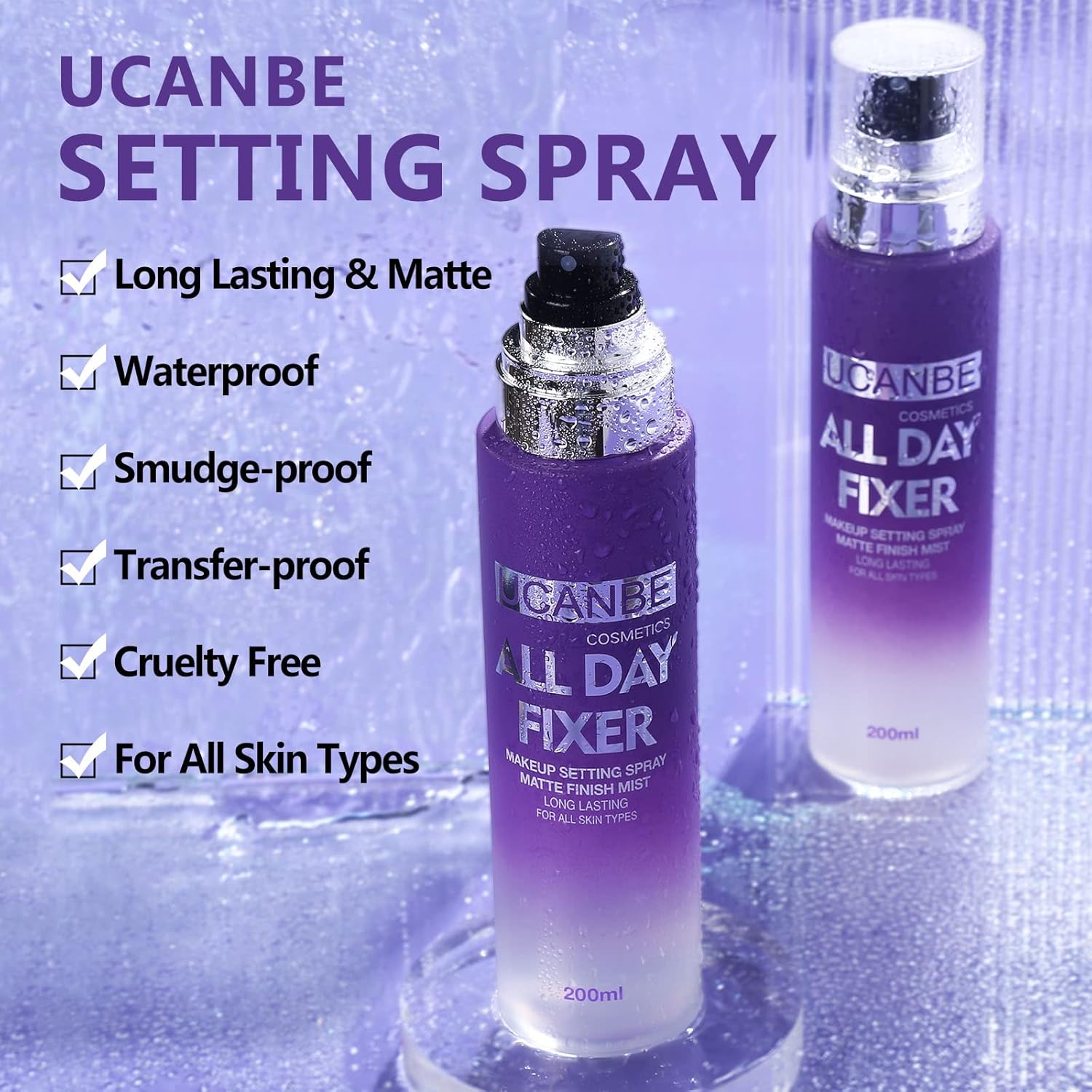 Long Lasting Makeup Setting Spray Kit- 6.76 Fl oz Hydrating Matte Finish Mist Lightweight Face Make up Fixer +Travel Size Spray Bottle+Sponge Puff Makeup Set - Image 2