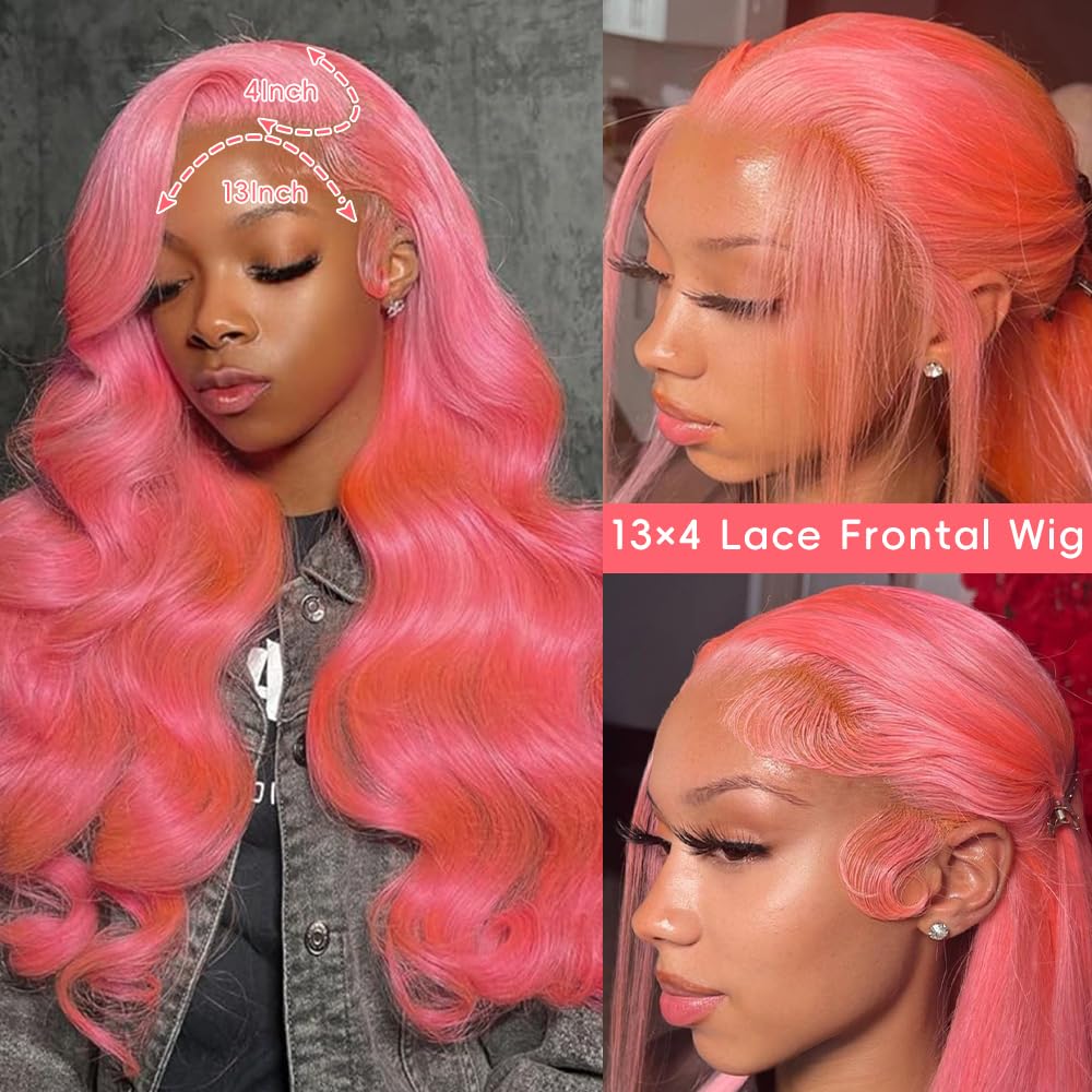 Pink Lace Front Wig Human Hair 13x4 HD Lace Front Wigs Human Hair Pre Plucked Body Wave Pink Human Hair Wig 200% Density Colored Frontal Wigs Human Hair 24 Inch - Image 2