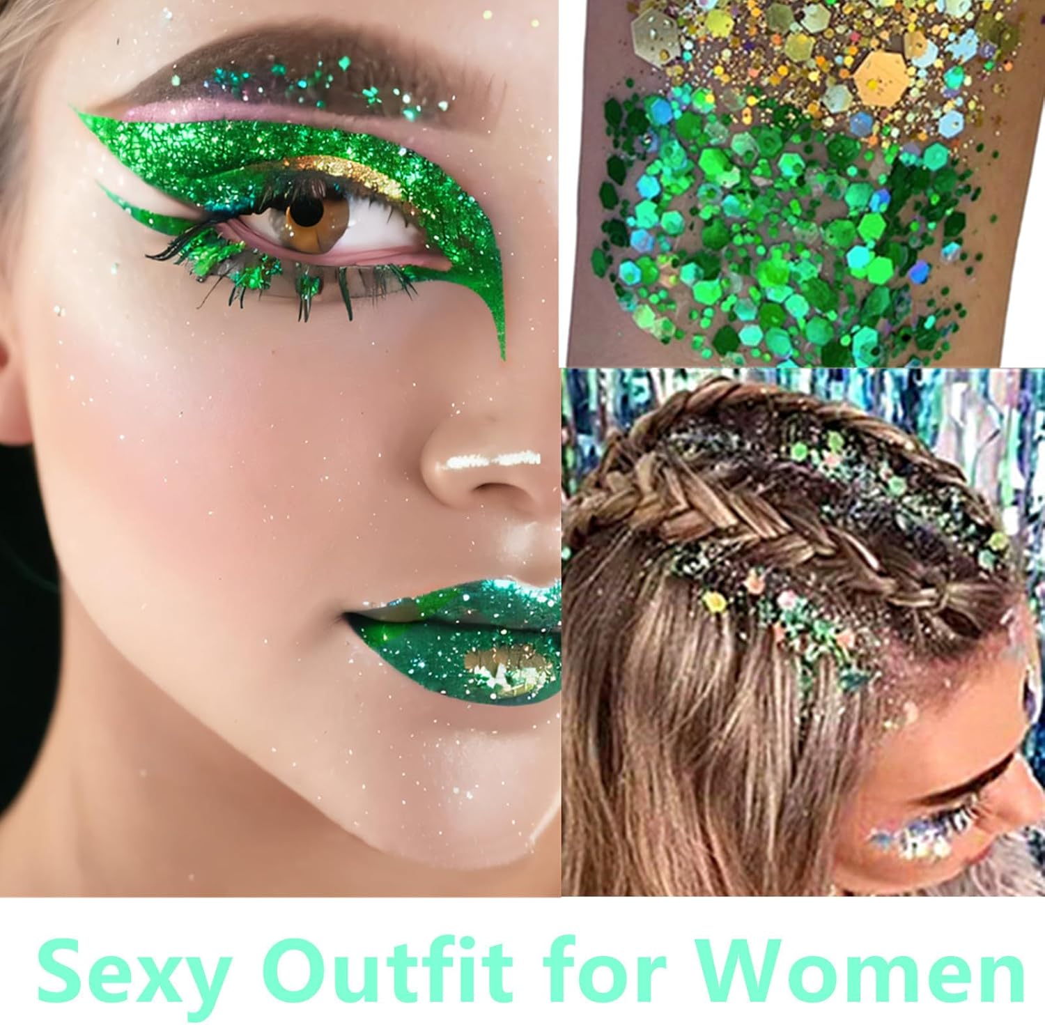 Go Ho Green Face Body Glitter,St Patricks Day Face Glitter Makeup,Green Face Paint Holographic Chunky Sequins Glitters for Eye Lip Hair Nails,Festival Rave Accessories,52g - Image 2