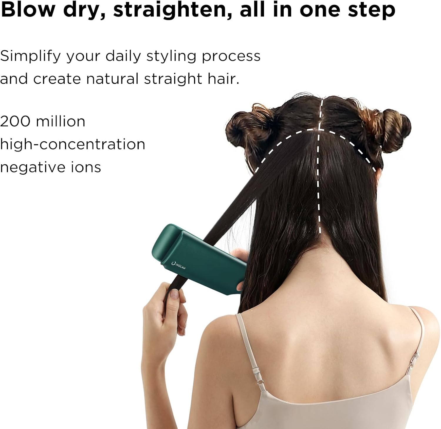 IG INGLAM Air Straight, Style from Wet Hair, 200M Ionic Dryer Straightener for Medium Long Hair (14'-30'), 2 in 1 Fast Drying and Straightening, Dark Green - Image 8