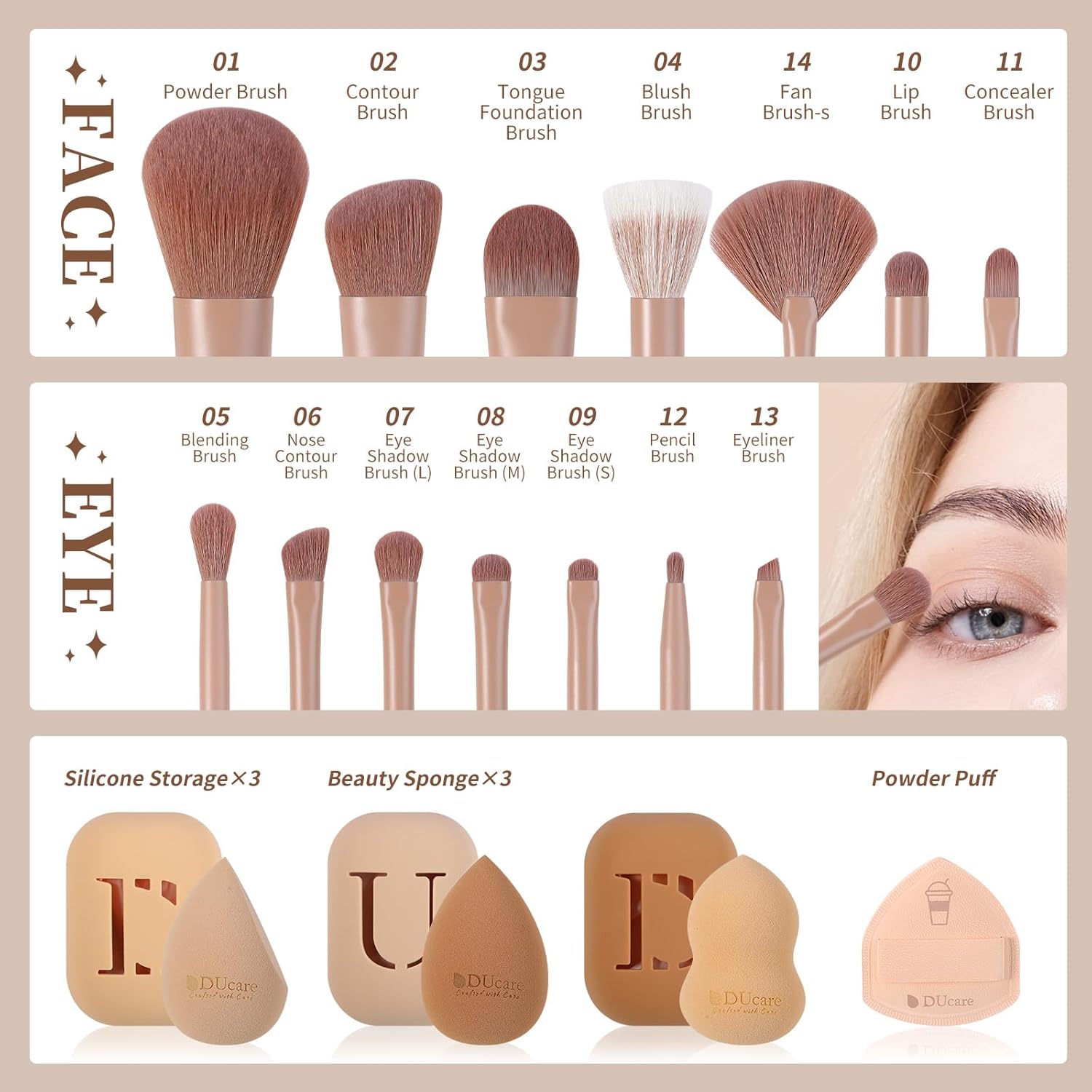 DUcare Makeup Brushes 14Pcs Coffee Series Makeup Brush set with Makeup Sponges Valentines Day Christmas Gifts Foundation Blending Face Powder Blush Eye Shadows Brushes - Image 6