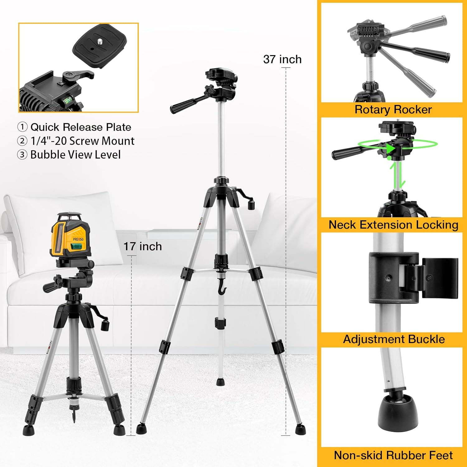 PREXISO 360° Laser Level with Tripod, 100Ft Dual Power Self Leveling Cross Line Laser- Wide Angle Vertical Line for Construction, Floor Tile, Renovation with Magnetic Base, Wall Panel Stand, Carry Bag - Image 7