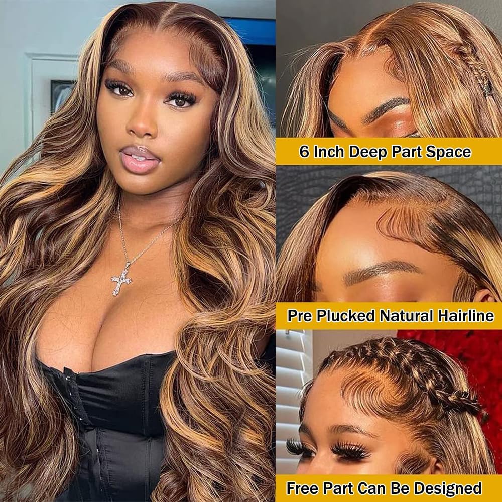 26 Inch Honey Blonde Lace Front Wig Human Hair Pre Plucked 13x6 HD Transparent 4/27 Highlight Ombre Body Wave Lace Front Wigs Human Hair 180% Density Glueless Colored Wigs for Women Natural Hairline - Image 2