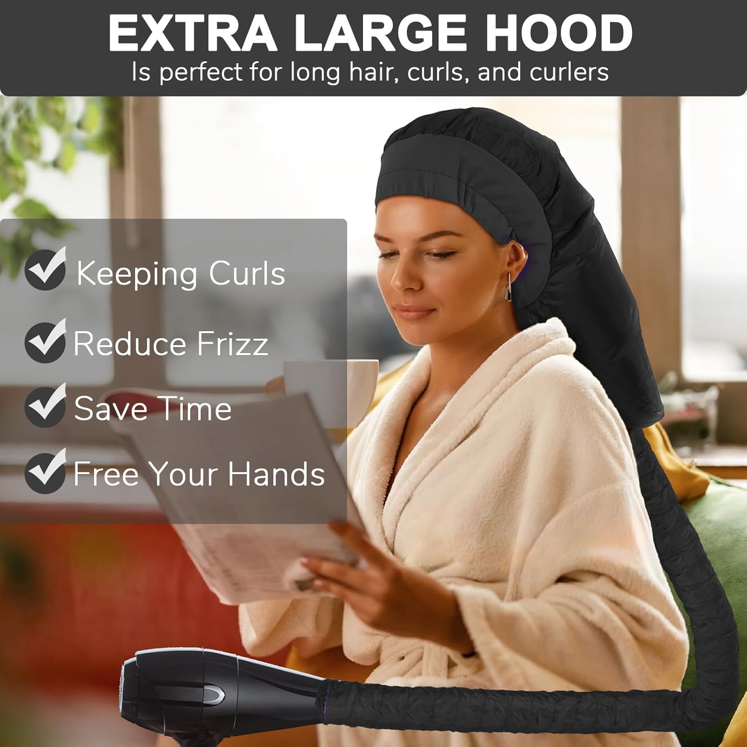 Hair Dryer Bonnet, Large Bonnet Hooded Hair Dryer Attachment for Speeds Up Drying Time & Deep Conditioning, Fits All Head Sizes & All Hair Styling, for Women Long Curly Braid Hair (Black, Large) - Image 4