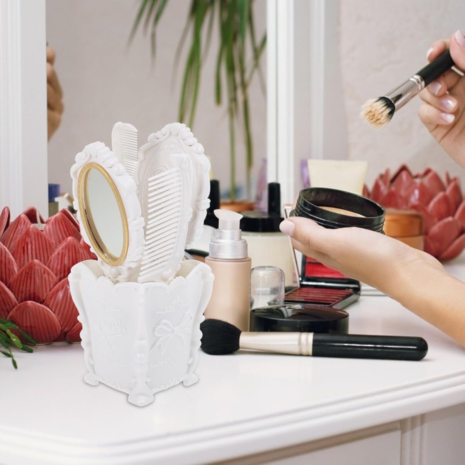 5pcs Vintage Vanity Set with Hand Mirror, Detangling Hair Brush, Rat Tail Comb, and Comb Holder for Makeup (White) - Image 6