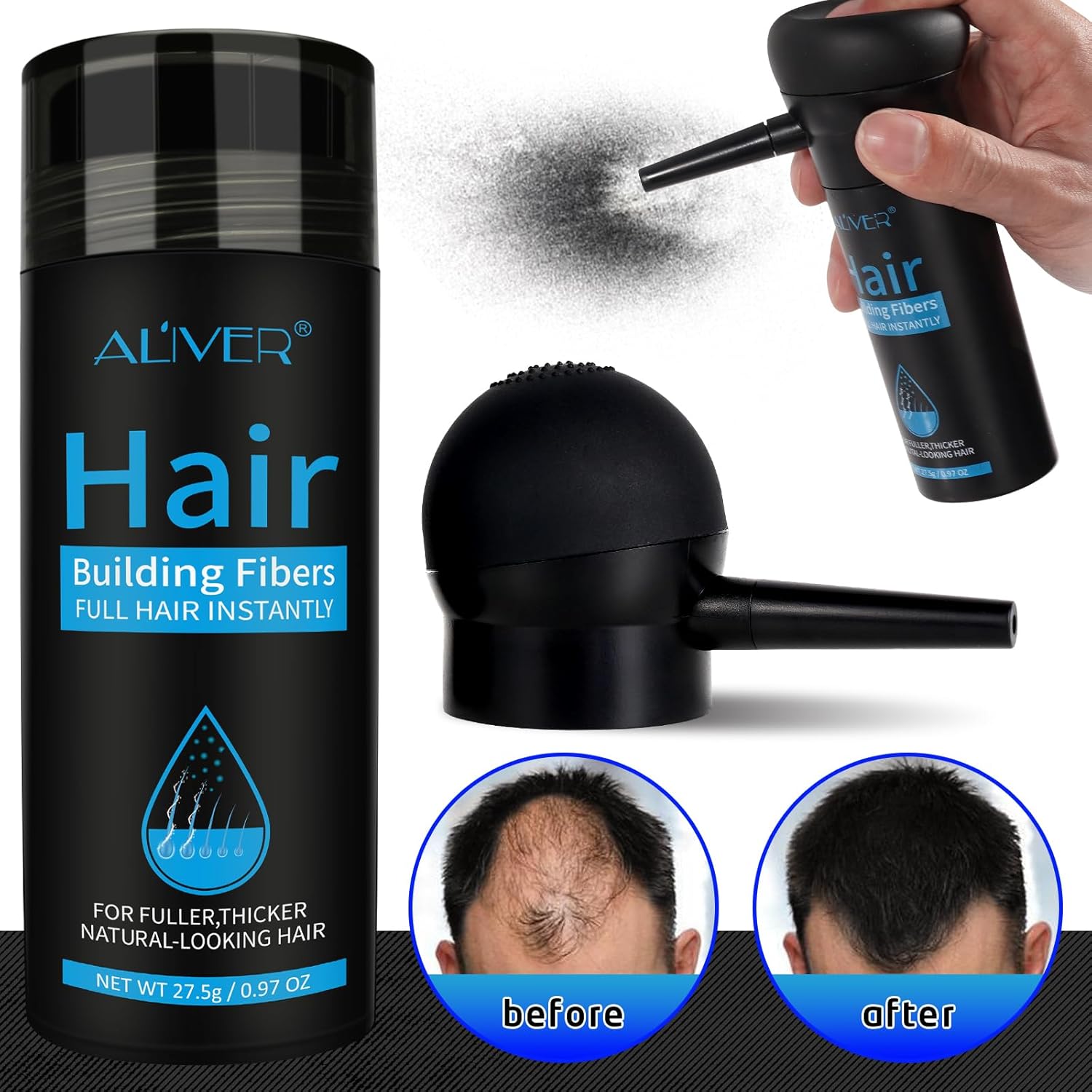 ALIVER Hair Fibers for Thinning Hair for Women & Men, Extra Spray Applicator, Black, 27.5 Gr Hair Powder Bald Spot Cover Up, Instantly Hair Filler, Undetected & Natural - Image 3