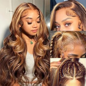 Honey Blonde Ombre Lace Front Wig Human Hair Highlight Wig Human Hair 4/27 Colored Body Wave HD Lace Front Wigs Human Hair Pre Plucked with Baby Hair Frontal Wigs for Women 180% Density 28 Inch