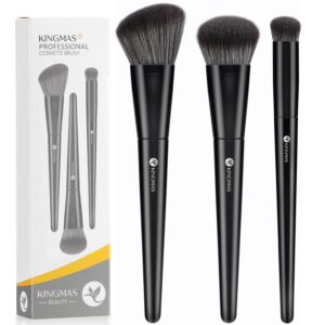 KINGMAS Foundation Makeup Brushes, 3Pcs Kabuki Contour Concealer Makeup Brush, Vegan & Cruelty-Free, Synthetic Cosmetic Under Eye & Blusher Face Brush (Black)