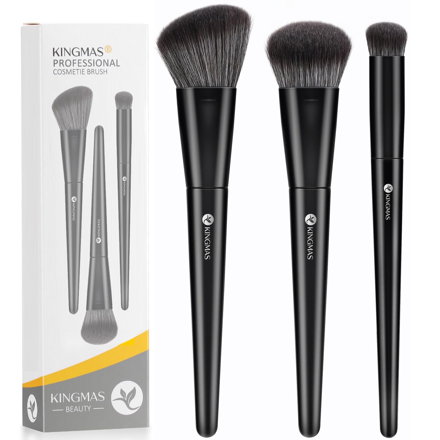 KINGMAS Foundation Makeup Brushes, 3Pcs Kabuki Contour Concealer Makeup Brush, Vegan & Cruelty-Free, Synthetic Cosmetic Under Eye & Blusher Face Brush (Black)