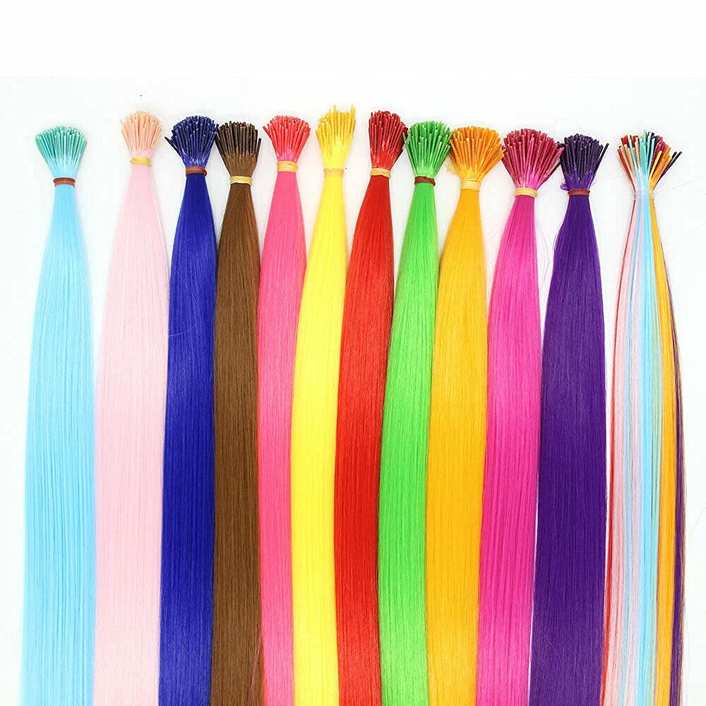 100 Strands 20" Party Colors Hair Extensions Kit I-Tip Fusion Long Straight Hairpieces Synthetic Heat Resistant Highlight Feather Micro Ring Hair Accessories, Include 100 Microbeads with Hook Tool - Image 6