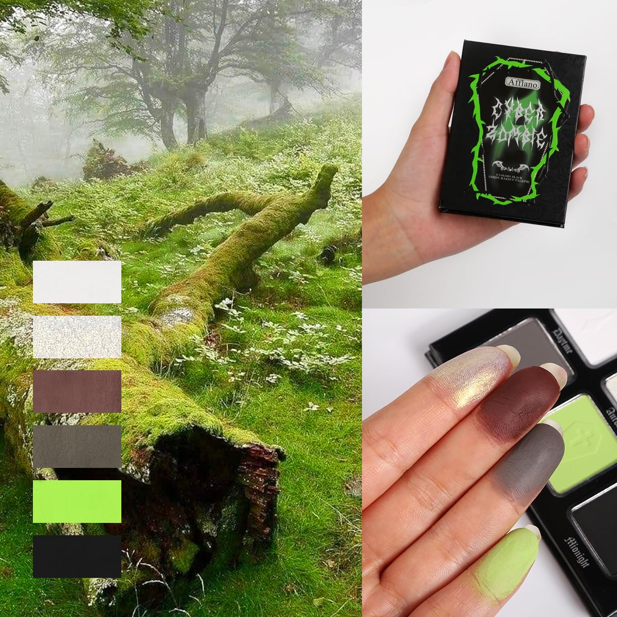 Afflano Smokey Green Eyeshadow Palette, Cyber Goth Smoky Eyes Makeup Eyeshadow Pallet With Mirror, Neon Green Brown Black White Grey Highly Pigmented Long Lasting, for Girls Women Green Eyes Makeup - Image 7