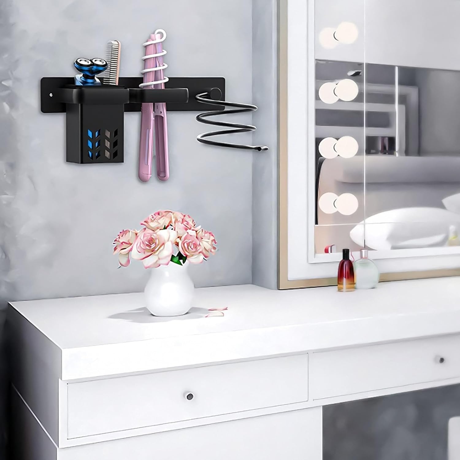Hair Dryer Holder Wall Mounted, Blow Dryer Rack Holder, Bathroom Bedroom Hair Styling Beauty Care Tools Organizer Storage Basket for Flat Iron, Curling Wand, Hair Straightener (Black) - Image 6