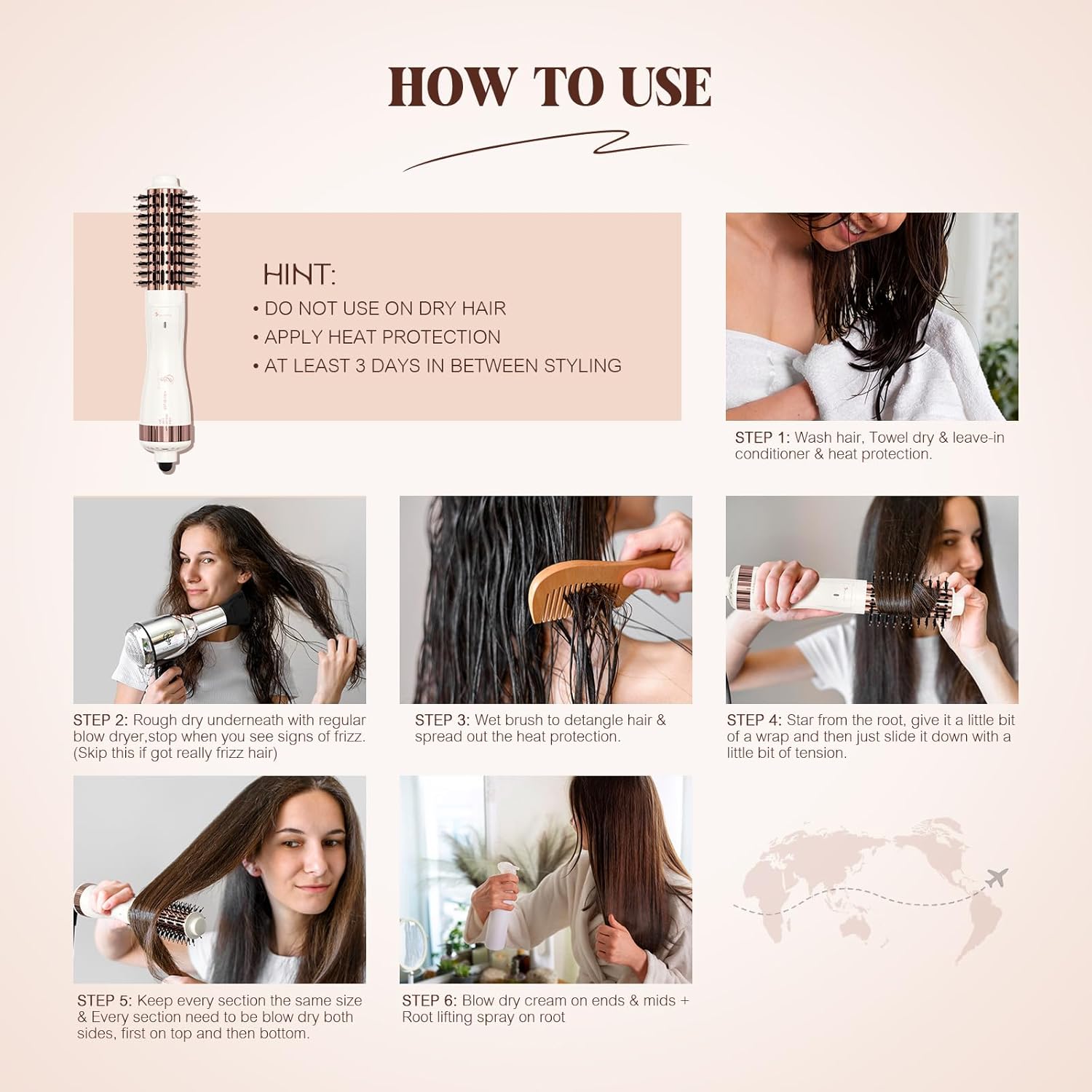 Dual Voltage(110~250V) 1.8 Inch Barrel Round Brush Blow Dryer, Hair Dryer Brush with European Plug Adapter, 4-in-1 Negative Ionic One Step Volumizer Dryer- 2.8 Inch Include Bristles - Image 6