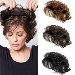 Women Short Human Hair Topper Curly Closure Wiglet Hairpiece Clip in Top Hairpiece Natural Weaving bReplacement Hair Topper for Thinning Hair 13x14cm(Dark Brown 6")