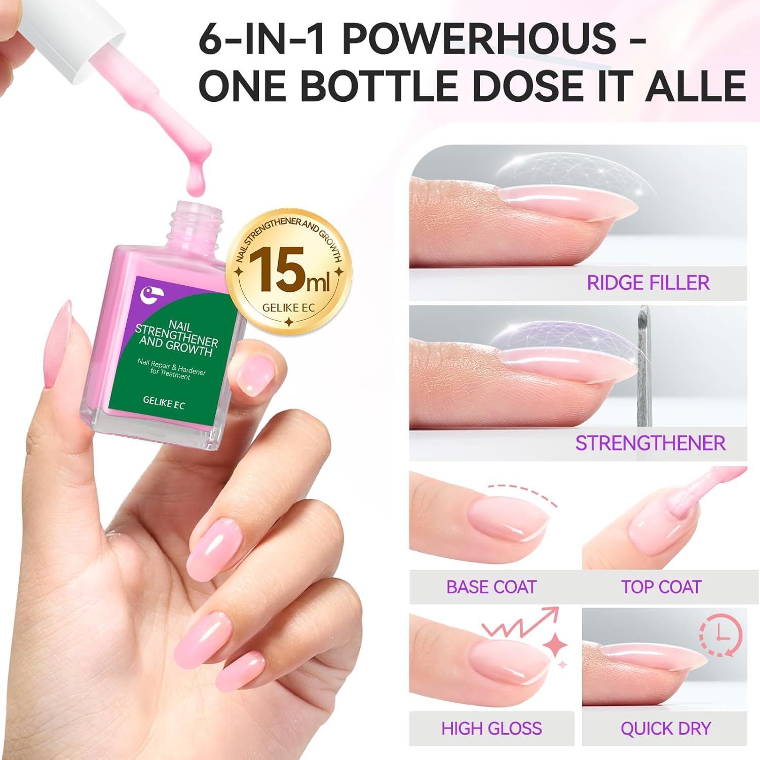 gelike ec Nail Ridge Filler and Strengthener Polish: Pink 6 in 1 Natural Nail Hardener Extra Strong and Growth - Long Lasting Nail Repair for Damaged Nails - For Daily Work Home Salon - Image 2