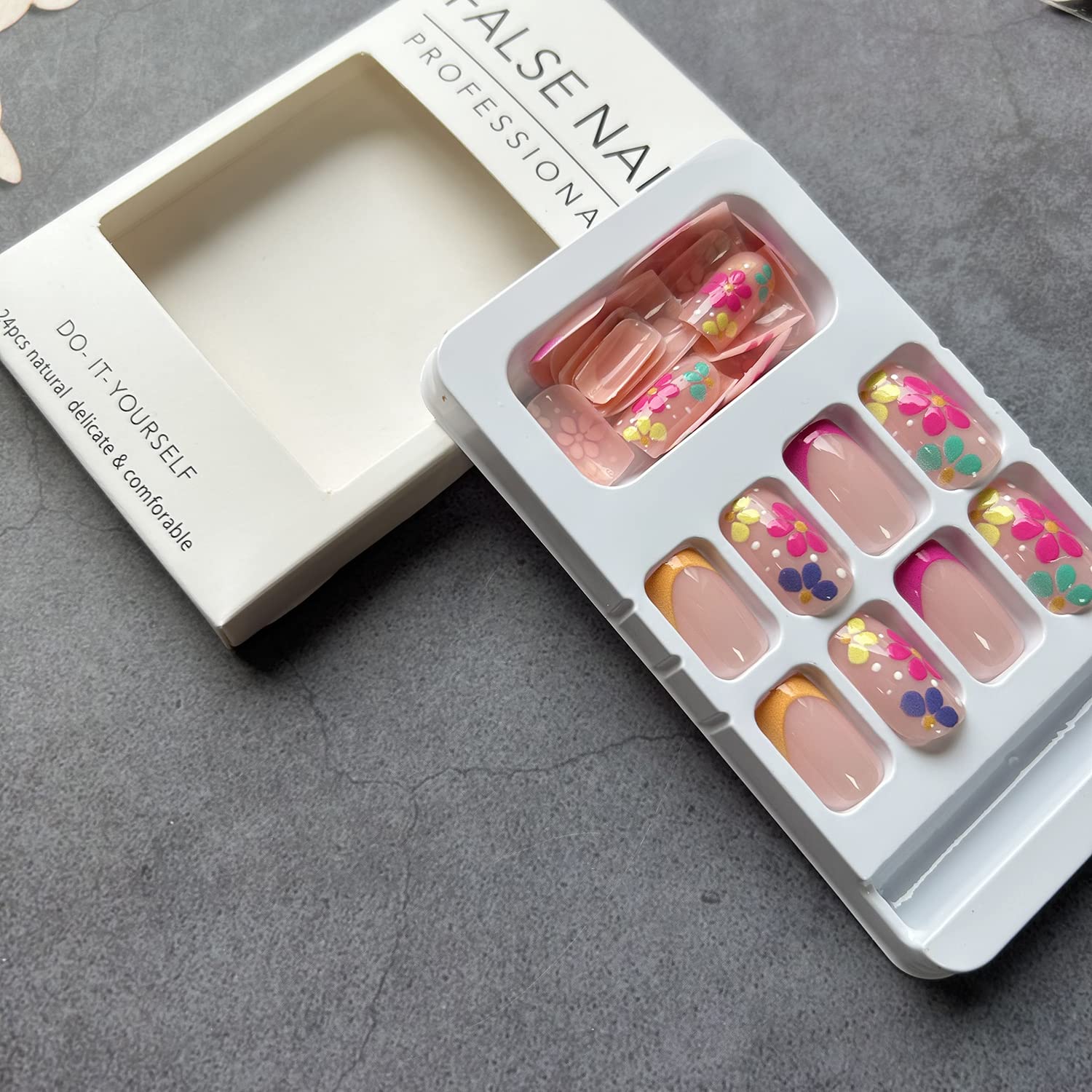 French Tip Press on Nails Short Square Fake Nails Nude Pink False with Flower Designs Acrylic Artificial Nails Full Cover Glue on Nails Stick on Nails for Women Girls - Image 5