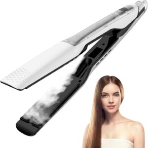Hair Straightener, 1 Inch Steam Hair Straightener & Curling Iron 2-in-1，Fast Heat-Up, Negative Ion & Steam Hair Care，Professional Ceramic Double Voltage Straightener for Less Frizz Shinier (White)