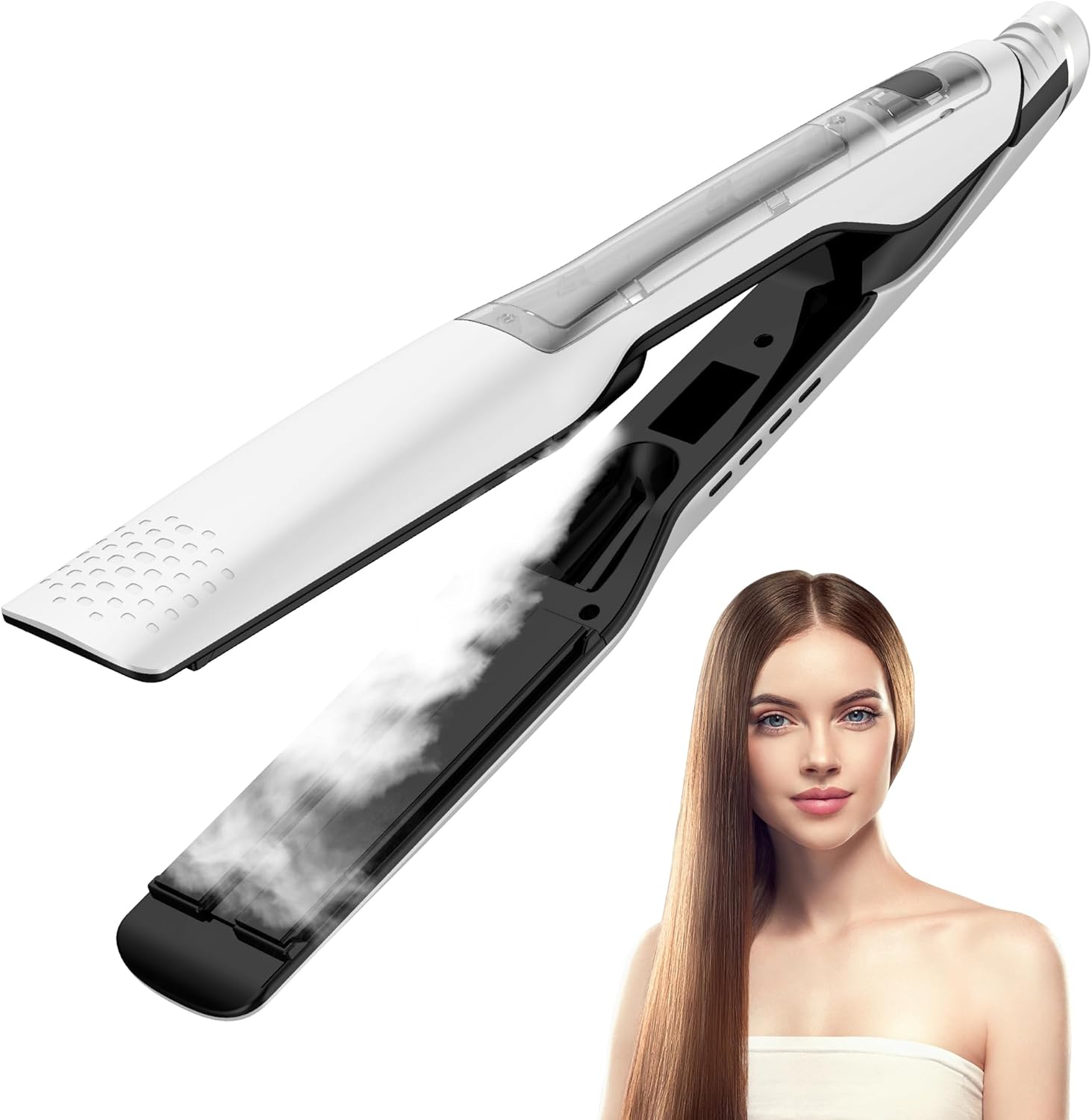 Hair Straightener, 1 Inch Steam Hair Straightener & Curling Iron 2-in-1,Fast Heat-Up, Negative Ion & Steam Hair Care,Professional Ceramic Double Voltage Straightener for Less Frizz Shinier (White)