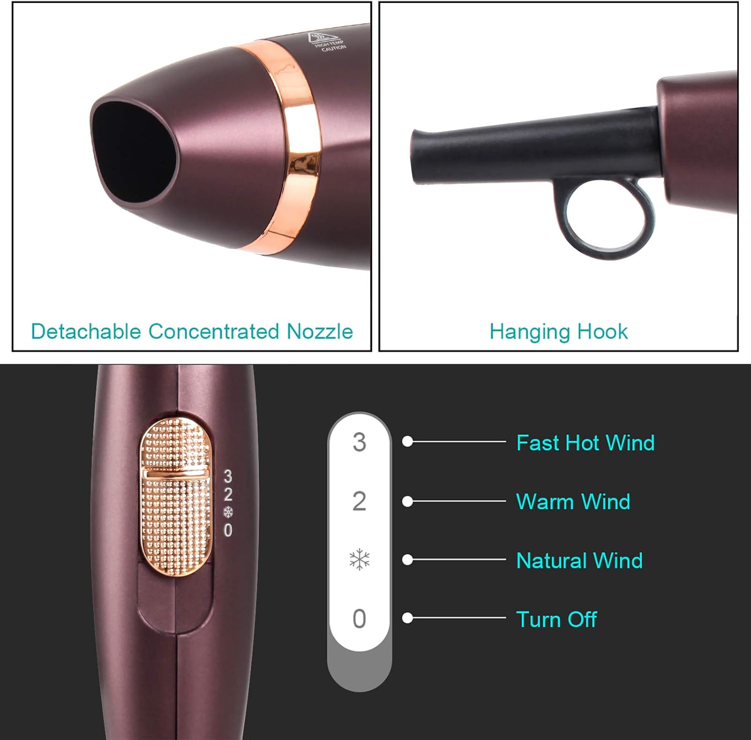 CONFU Portable Travel Hair Dryer, 1600W Ceramic Tourmaline Ionic Travel Blow Dryer, Compact Folding Lightweight Hair Dryers for Women Kids (Brown - Image 4