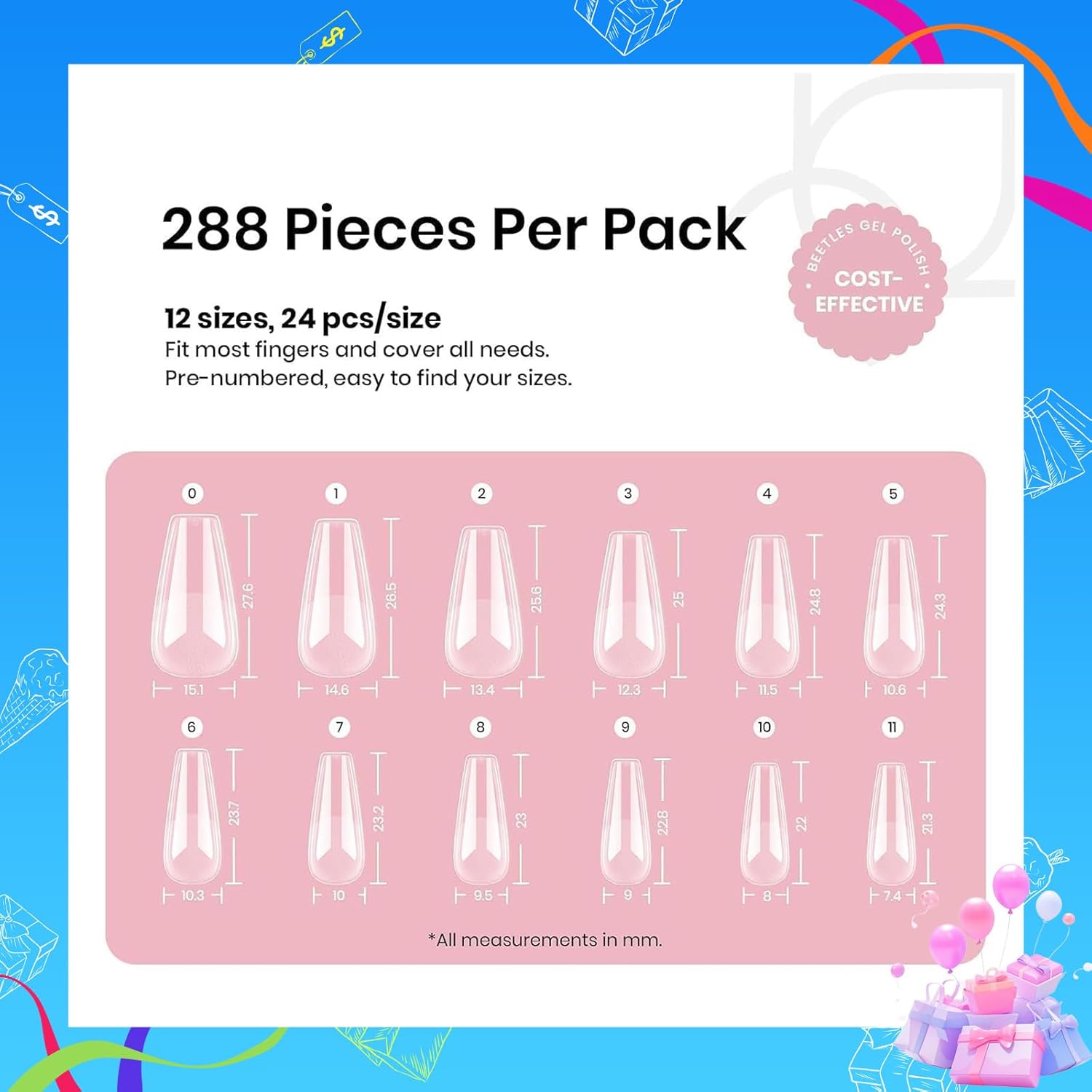 Beetles Gel Nail Tips Medium Coffin Etch X Nail Tips, 12 Sizes 288Pcs Pre Shaped Half Matte Press On Nails Full Cover False Nails for Pastel Spring Nails Acrylic Fake Nails Nail Extensions Kit - Image 3