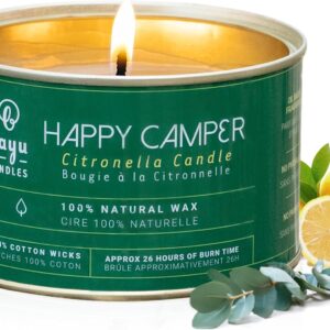 Happy Camper 12 oz Citronella Candle, All Natural with Beeswax and Coconut Oil, Camping Essentials and Bug Spray Alternative, Citronella Candles Outdoor Decor, 26 Hour Burn Time