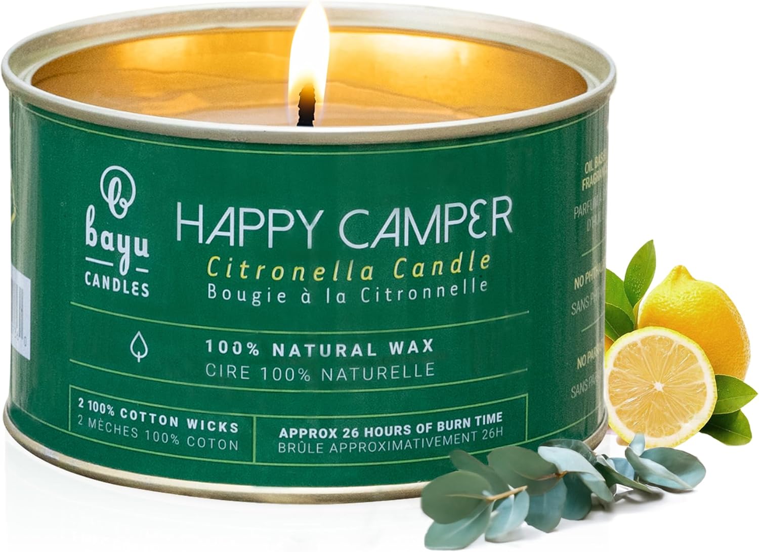 Happy Camper 12 oz Citronella Candle, All Natural with Beeswax and Coconut Oil, Camping Essentials and Bug Spray Alternative, Citronella Candles Outdoor Decor, 26 Hour Burn Time
