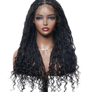 Human Hair Boho Curls Hand-Tied Full Lace Wig - 24" Small Box Braids (100 Braids, Full Version) Pre-Cut Swiss HD Lace, Lightweight, Pre-Plucked, Knotless, Tangle-Free Braided Wig | Black 1B