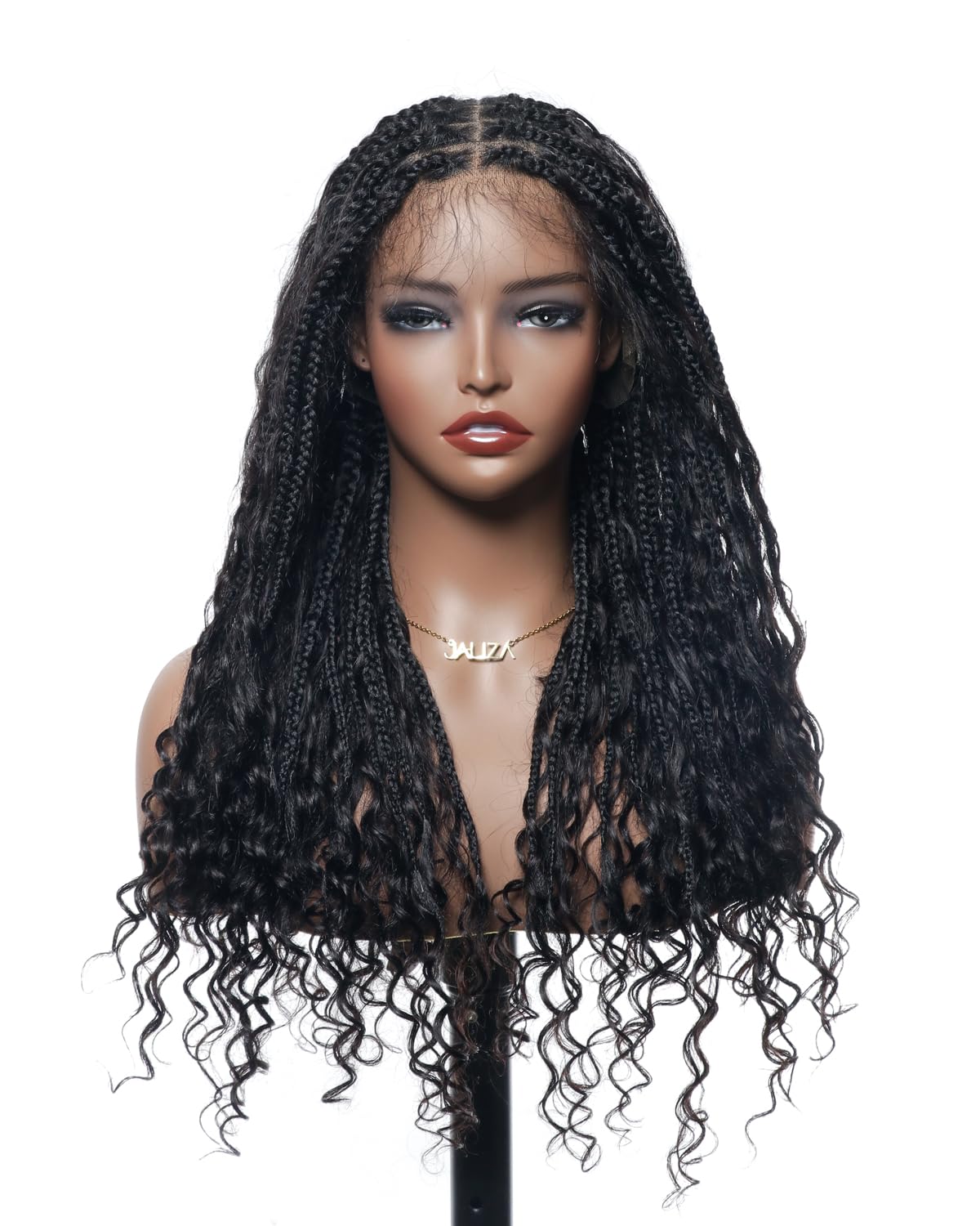Human Hair Boho Curls Hand-Tied Full Lace Wig - 24" Small Box Braids (100 Braids, Full Version) Pre-Cut Swiss HD Lace, Lightweight, Pre-Plucked, Knotless, Tangle-Free Braided Wig | Black 1B