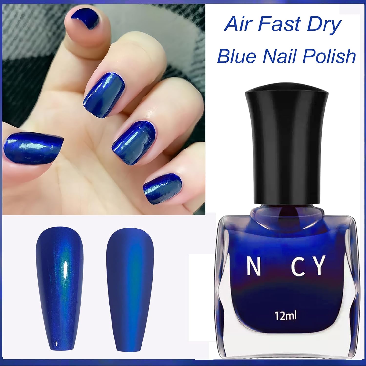 Blue Nail Polish Quick Dry, Long Lasting Royal Blue Nail Polish, Vegan Navy Nail Polish, Pearl Blue Nail Polish without UV Light Needed, Metallic Blue Nail Polish for Women Girls - Image 2