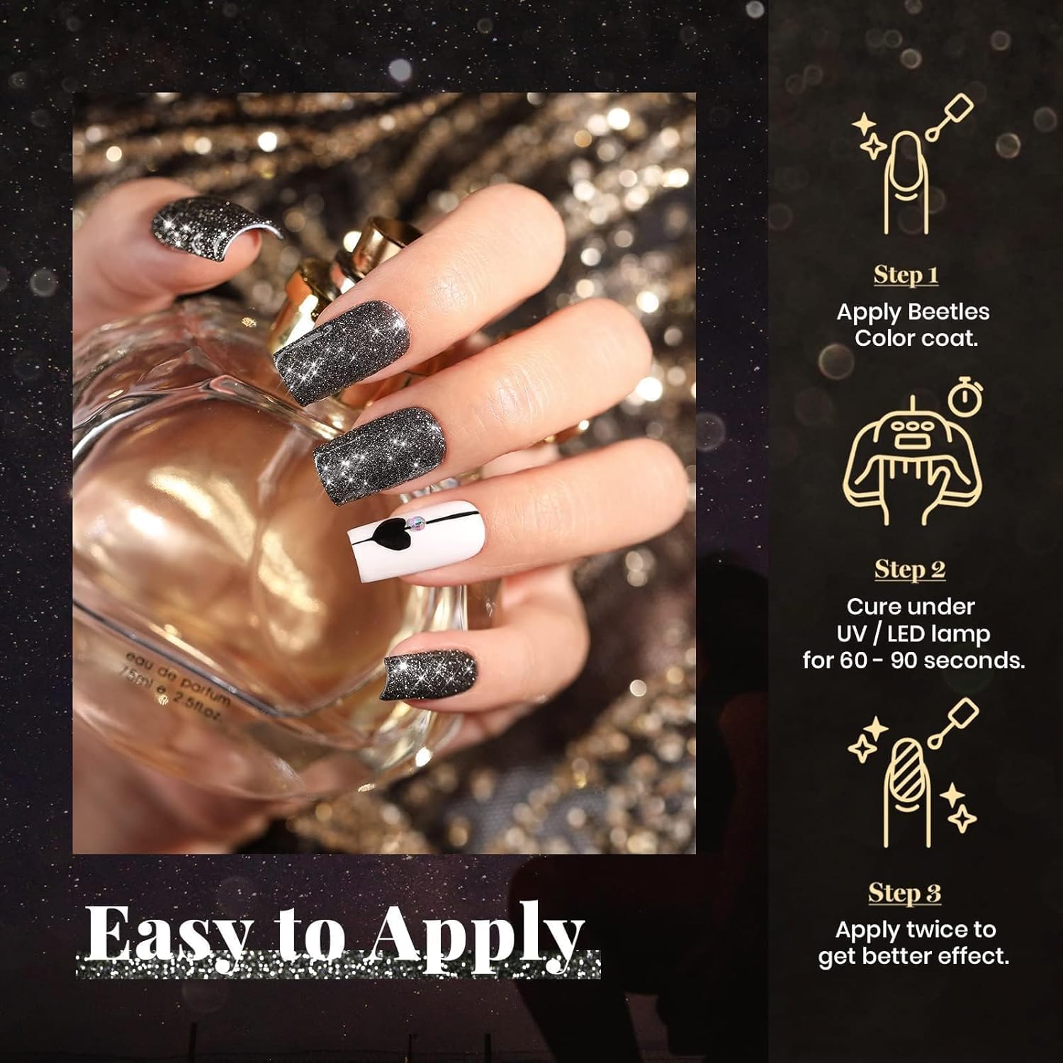 Beetles Black Gel Nail Polish, 1Pcs 15ML Glitter Gel Nail Polish Black Sparkle Reflective Shimmer Color Soak Off UV Lamp Disco Nail Art Manicure Salon DIY at Home Gifts for Her - Image 5
