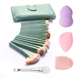 Makeup Brushes, Quality Make Up Brushes 28Pcs Professional and Beginner Make-up Brushes Tools with Beauty Blenders Silicone Face Mask Travel Cosmetic Bag Included, GREEN