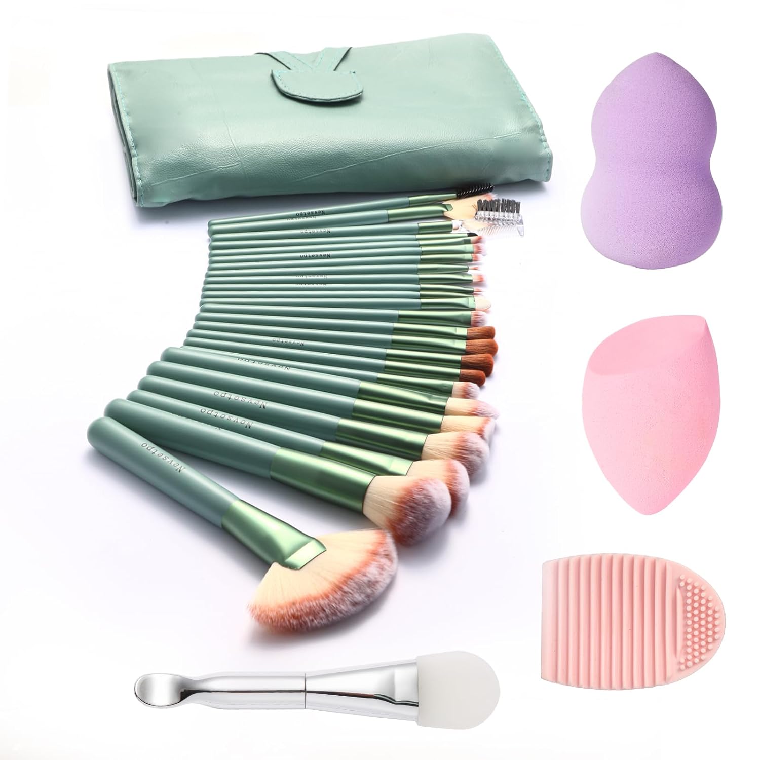 Makeup Brushes, Quality Make Up Brushes 28Pcs Professional and Beginner Make-up Brushes Tools with Beauty Blenders Silicone Face Mask Travel Cosmetic Bag Included, GREEN
