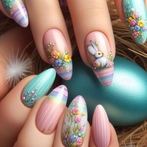 Almond Press on Nails Medium Length Fake Nails Easter Acrylic Nails with Cute Bunny Designs Colorful Flower Stick on Nails Artificial False Nails Glue on Nails for Women Girls 24Pcs