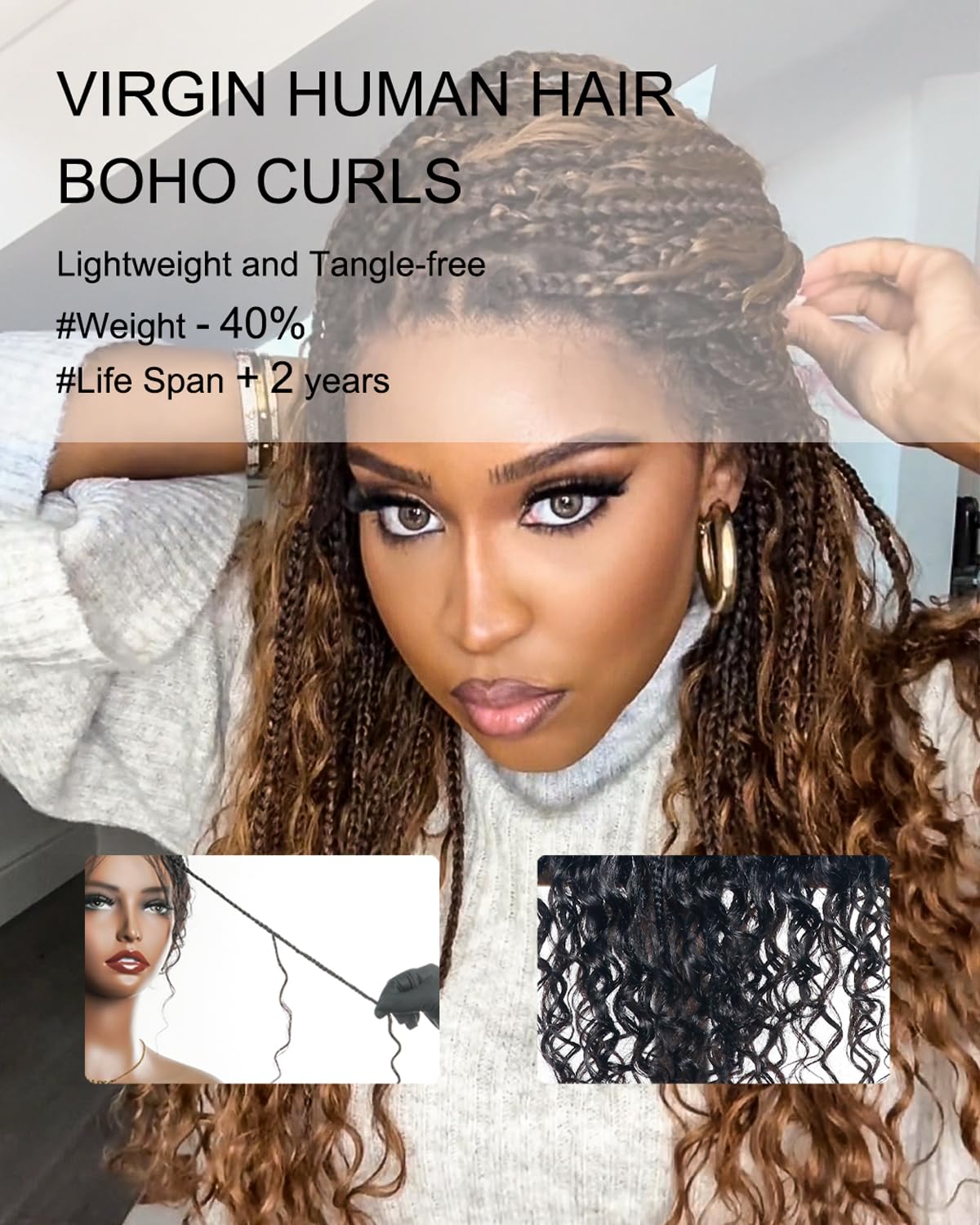 Human Hair Boho Curls Hand-Tied Full Lace Wig - 24" Small Box Braids (100 Braids, Full Version) Pre-Cut Swiss HD Lace, Lightweight, Pre-Plucked, Knotless, Tangle-Free Braided Wig | Black 1B - Image 9