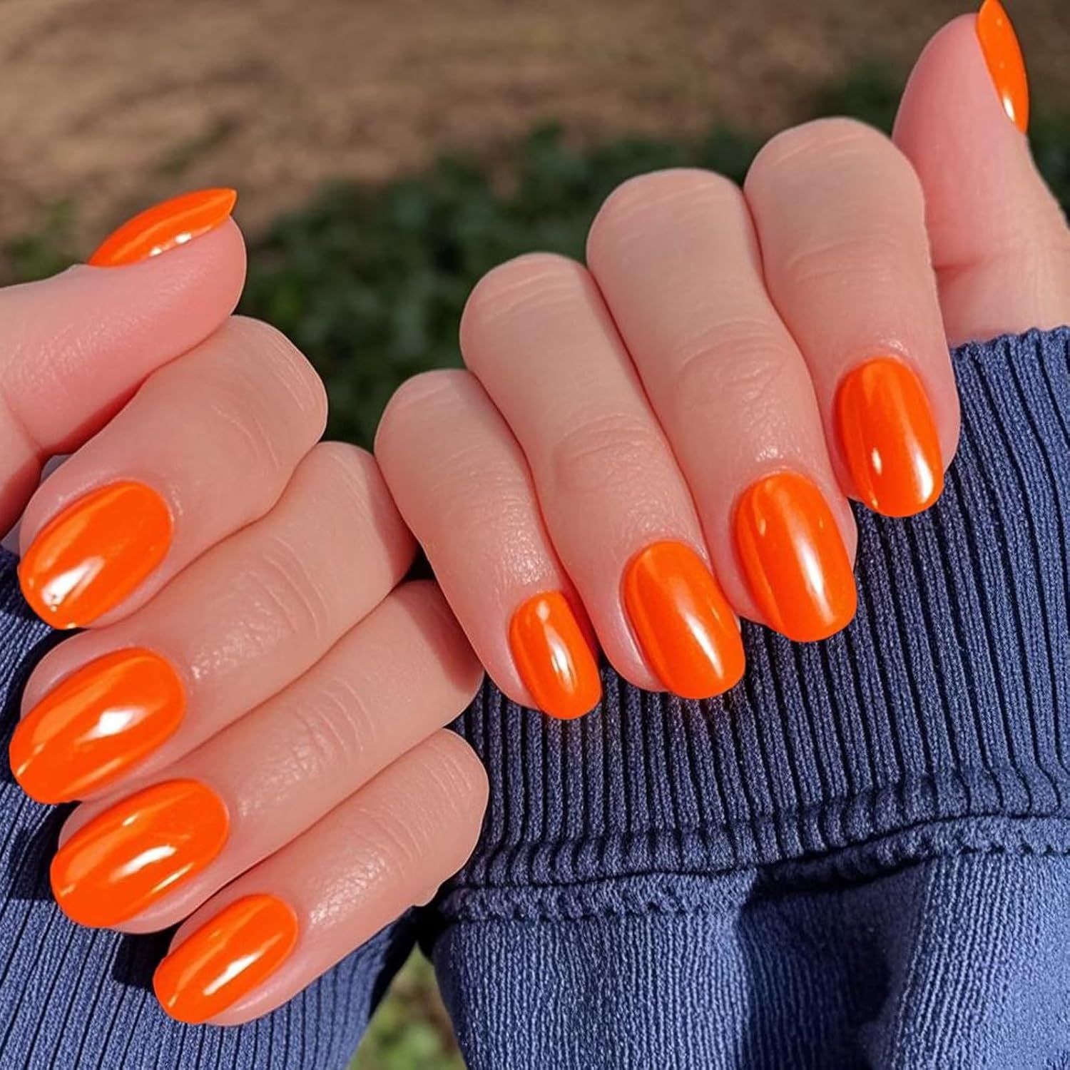GLAMERMAID Press on Nails Extra Short Squoval, Orange Chrome Spring Summer Handmade Gel Glue on Nails, 24Pcs Glossy Round Reusable UV Finish Fake Nails Acrylic False Nails Manicure Kits for Women - Image 4