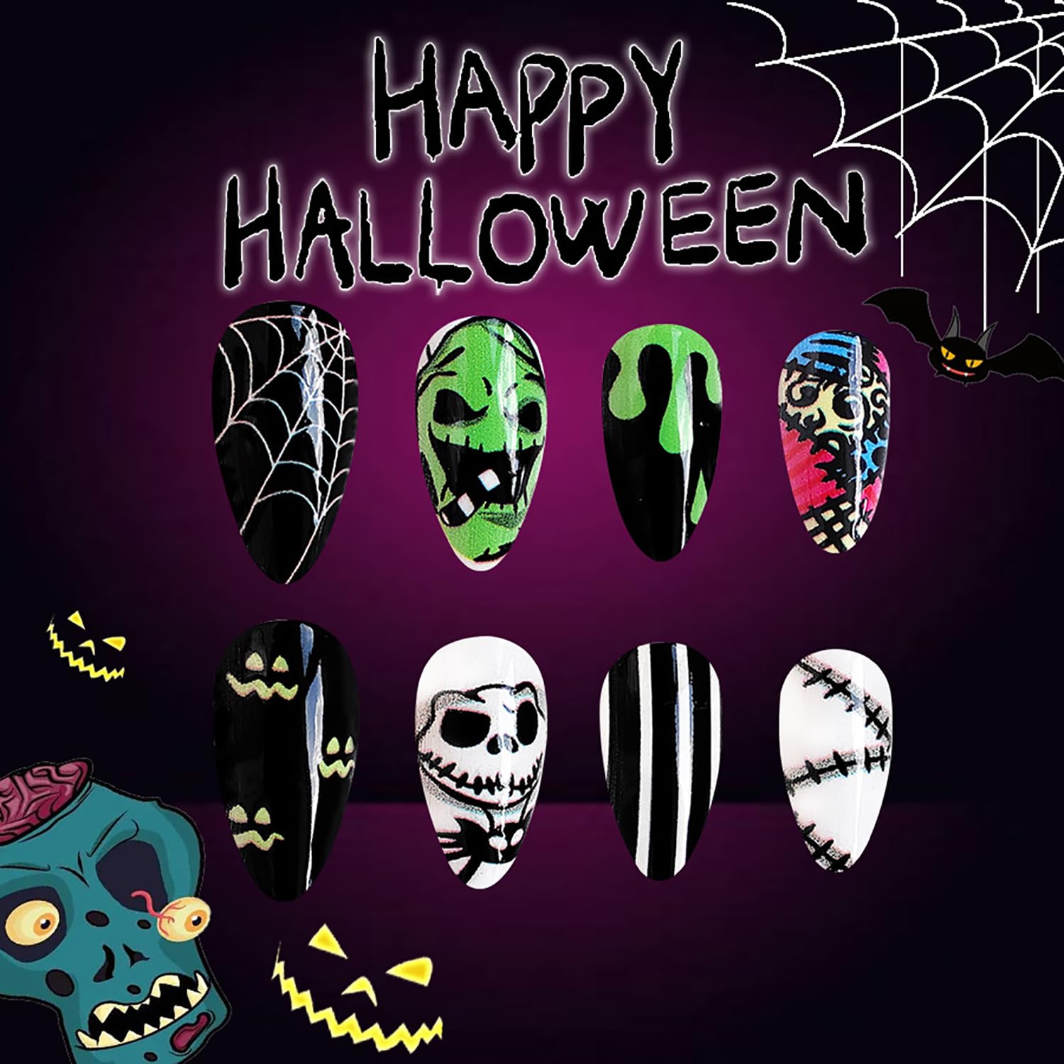 24 Pcs Halloween Press on Nails Medium Almond Fake Nightmare Before Christmas Acrylic With Spider Web and Green Monster Face Designs Glossy False Stick on for Women Girls - Image 3