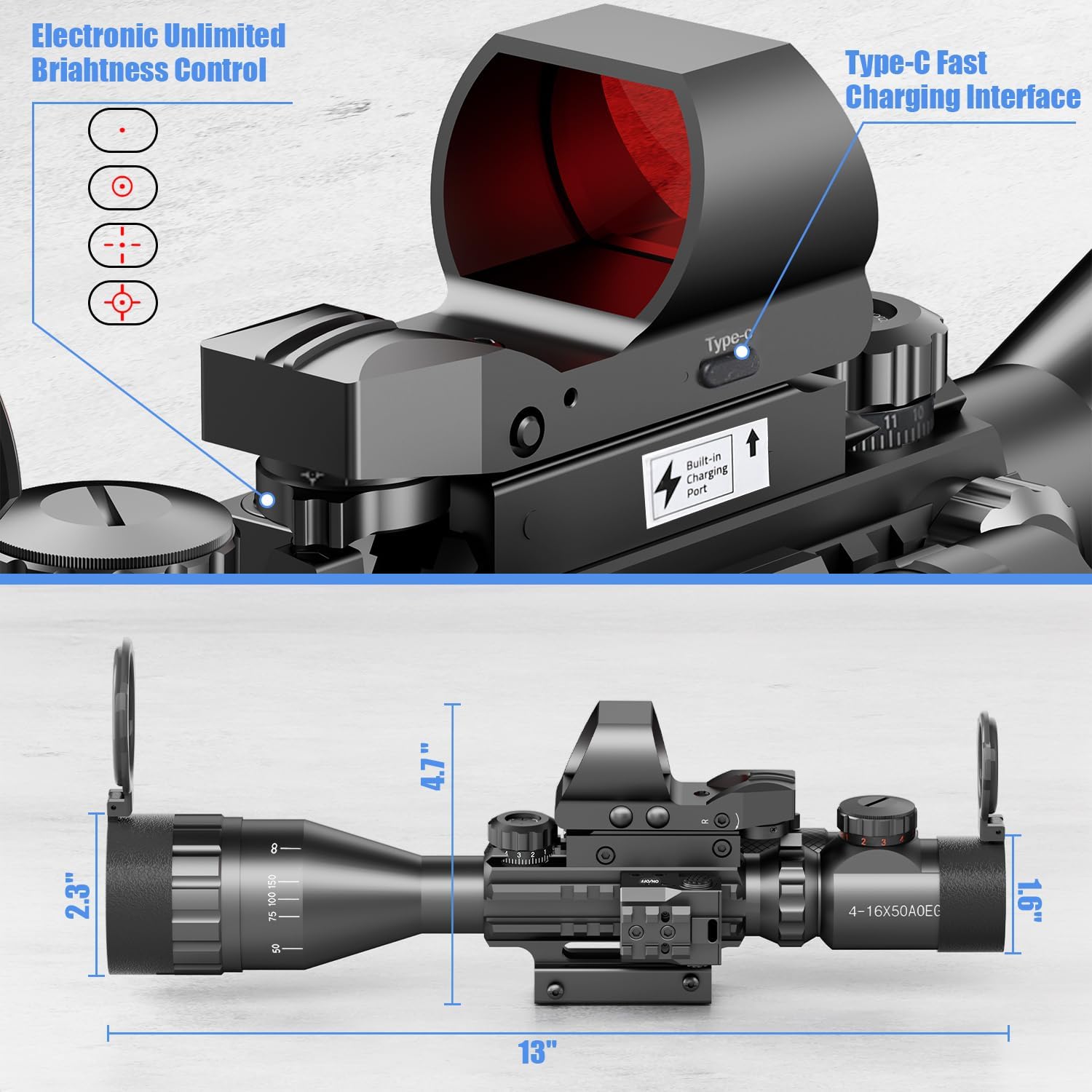 4-16x50AO Rifle Scope Combo Red/Green Dual Illuminated with Green Laser 4 Holographic Reticle Red Dot 5Modes Flashlight for Rail Mount - Image 3