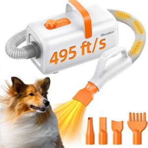 Dog Blower Grooming Dryer for Beginner - Maximum 495ft/s High Velocity Pet Blow Dryer with Cool-Warm-Hot Cycle Mode, Adjustable Temp & Speed, Dog Dryer with 4 Nozzles and Up to 6.56ft Flexible Hose